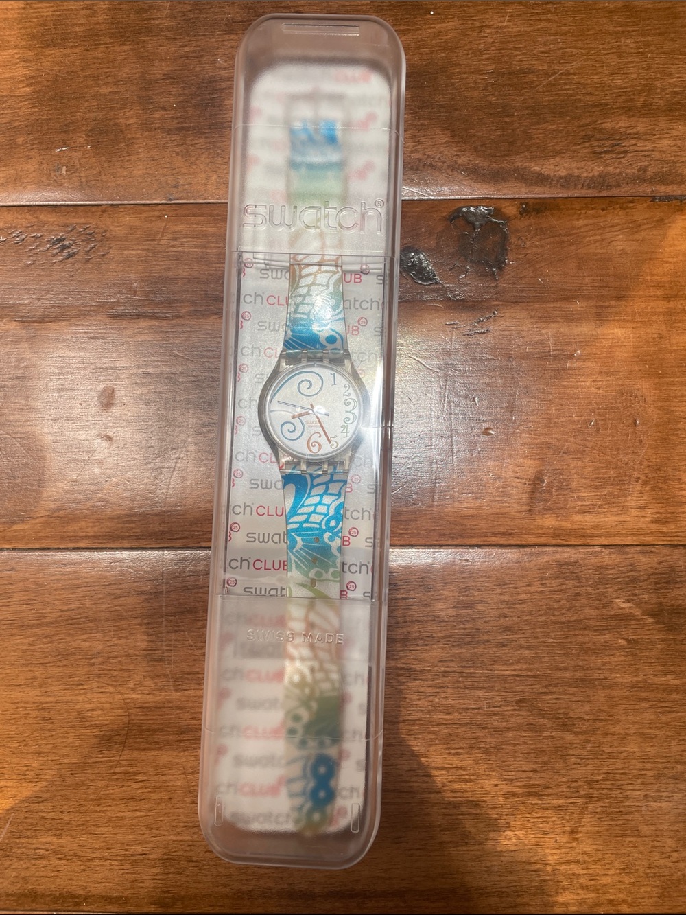 Swatch Blue, White & Green Wave Pattern Silicone Watch